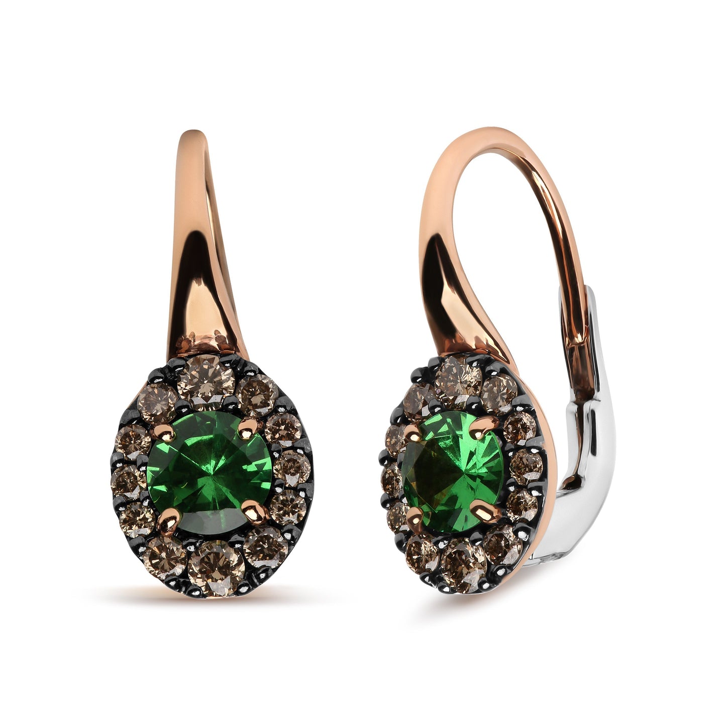18K Rose and White Gold 3/8 Cttw Round Brown Diamonds and Round Green Tsavorite Gemstone Halo Drop Hoop Earrings (Brown Color, SI1-SI2 Clarity) Bids.com