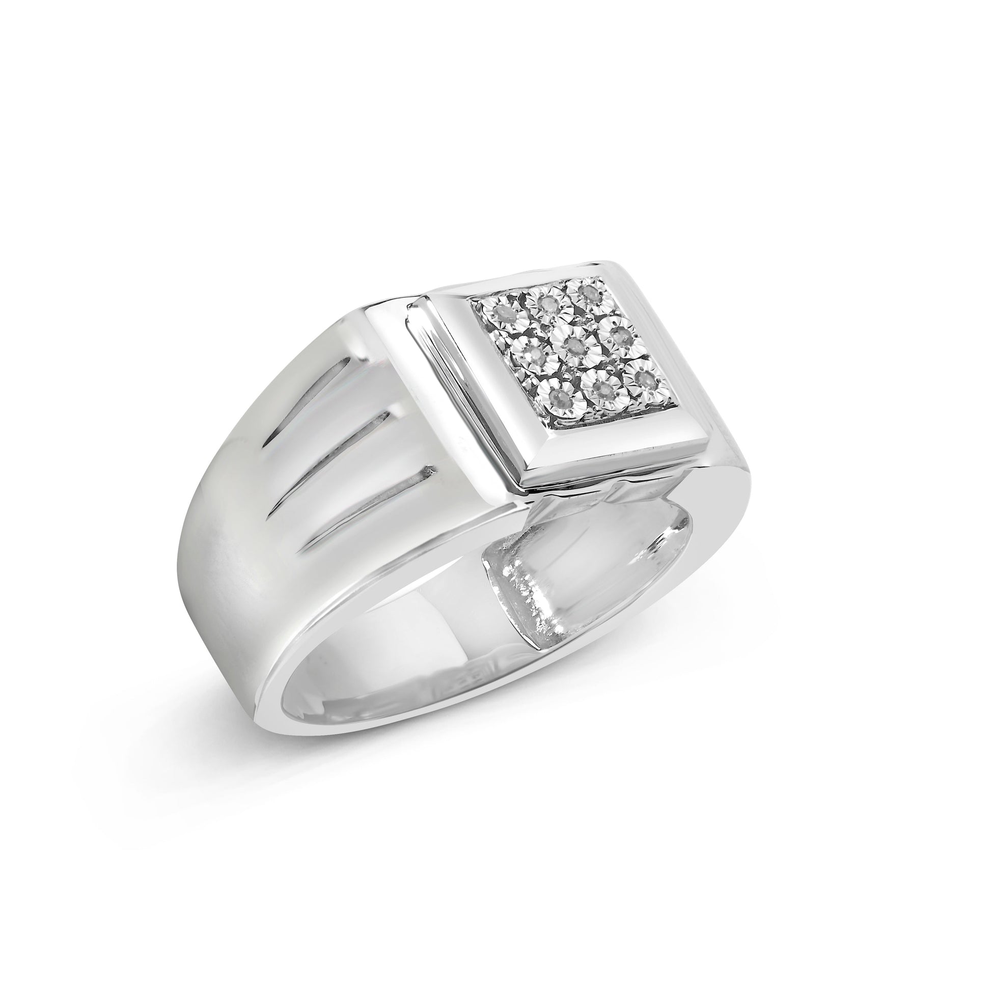 .925 Sterling Silver Diamond Accent Miracle-Set 9 Stone Ridged Band Gentlemen's Fashion Ring (I-J Color, I3 Clarity) - Size 10 Bids.com