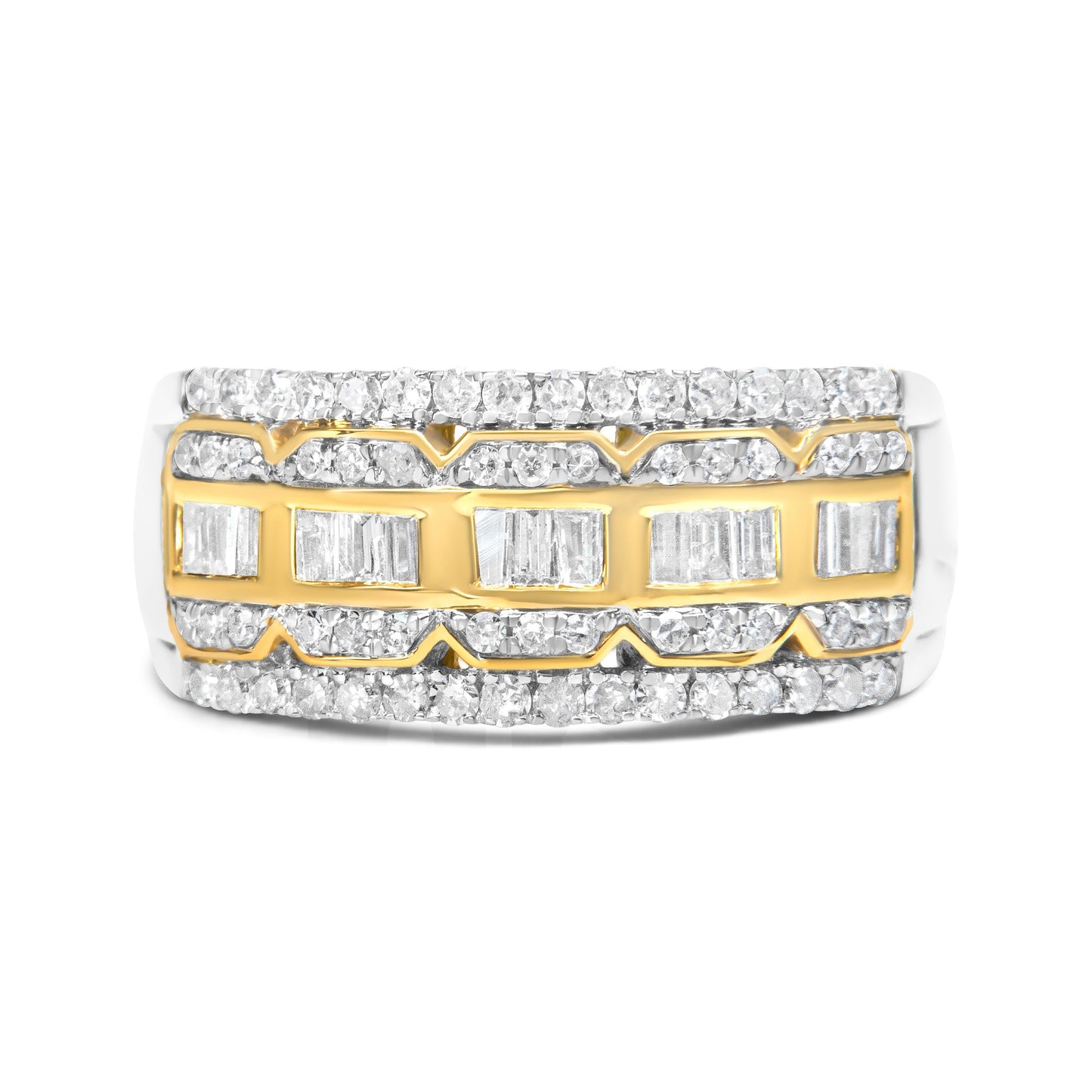 10K White and Yellow Gold 1.00 Cttw Baguette and Round cut Diamond Art Deco Multi-Row Ring Band (I-J Color, I1-I2 Clarity) - Ring Size 7 Bids.com