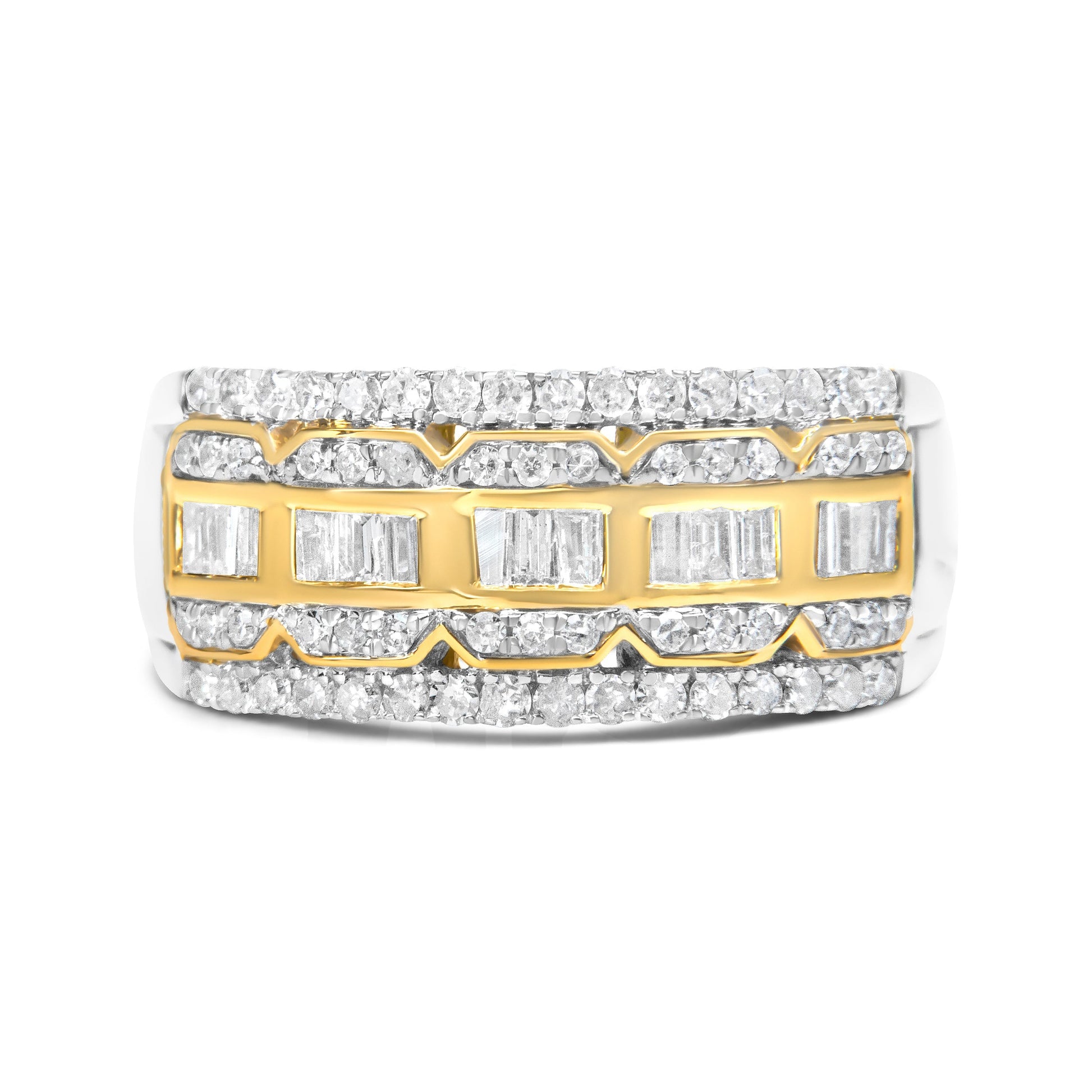 10K White and Yellow Gold 1.00 Cttw Baguette and Round cut Diamond Art Deco Multi-Row Ring Band (I-J Color, I1-I2 Clarity) - Ring Size 7 Bids.com