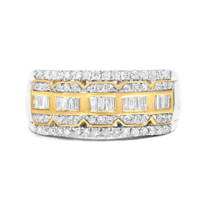 10K White and Yellow Gold 1.00 Cttw Baguette and Round cut Diamond Art Deco Multi-Row Ring Band (I-J Color, I1-I2 Clarity) - Ring Size 7 Bids.com