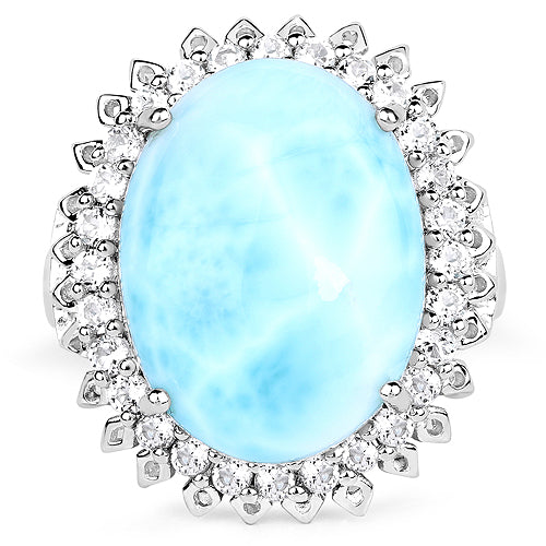 17.62 Carat Genuine Larimar and White Topaz .925 Sterling Silver Ring Bids.com