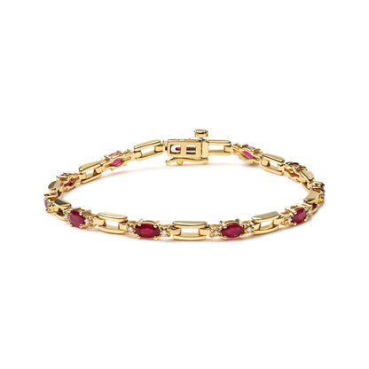 10K Yellow Gold Oval Ruby and 1/10 Cttw Diamond Bar Prong Set Bracelet (H-I Color, SI1-SI2 Clarity)  - Size 7" Bids.com