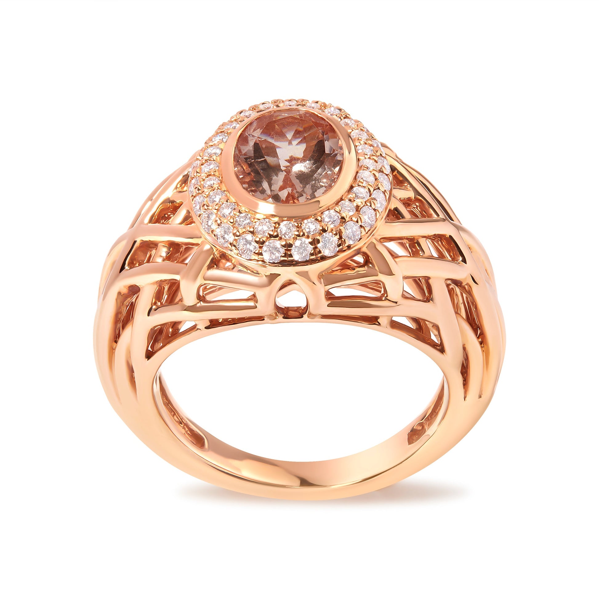 14K Rose Gold Oval Cut Light Pink Morganite and 3/8 Cttw Diamonds Halo and Basket Weave Cocktail Ring (G-H Color, SI1-SI2 Clarity) - Size 7 Bids.com