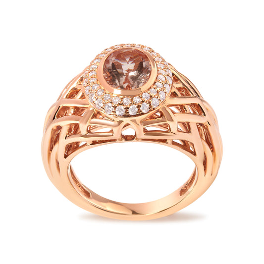 14K Rose Gold Oval Cut Light Pink Morganite and 3/8 Cttw Diamonds Halo and Basket Weave Cocktail Ring (G-H Color, SI1-SI2 Clarity) - Size 7 Bids.com