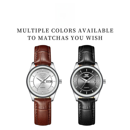 Women's Leather Strap Quartz Watch Silver Case Dual Day BandsCo Straps