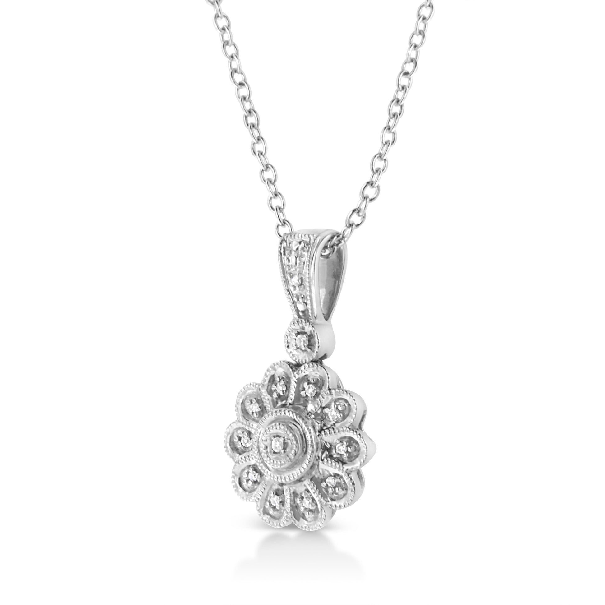 .925 Sterling Silver Diamond Accent Sunburst Milgrain 18" Pendant Necklace (I-J Color, I1-I2 Clarity) Bids.com