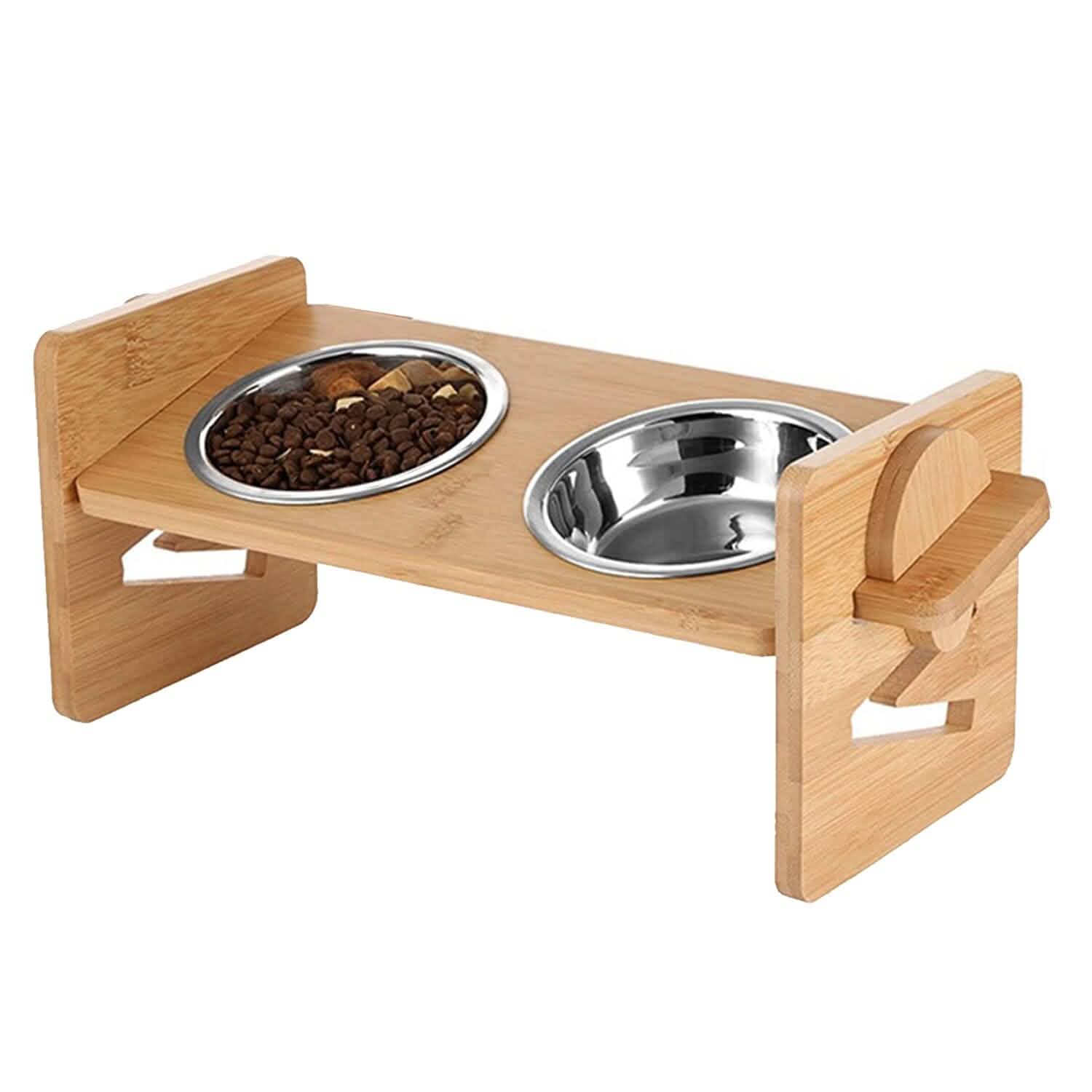 5°Tilt Bamboo Double Elevated Dog Bowls with 4 Adjustable Heights DailySale