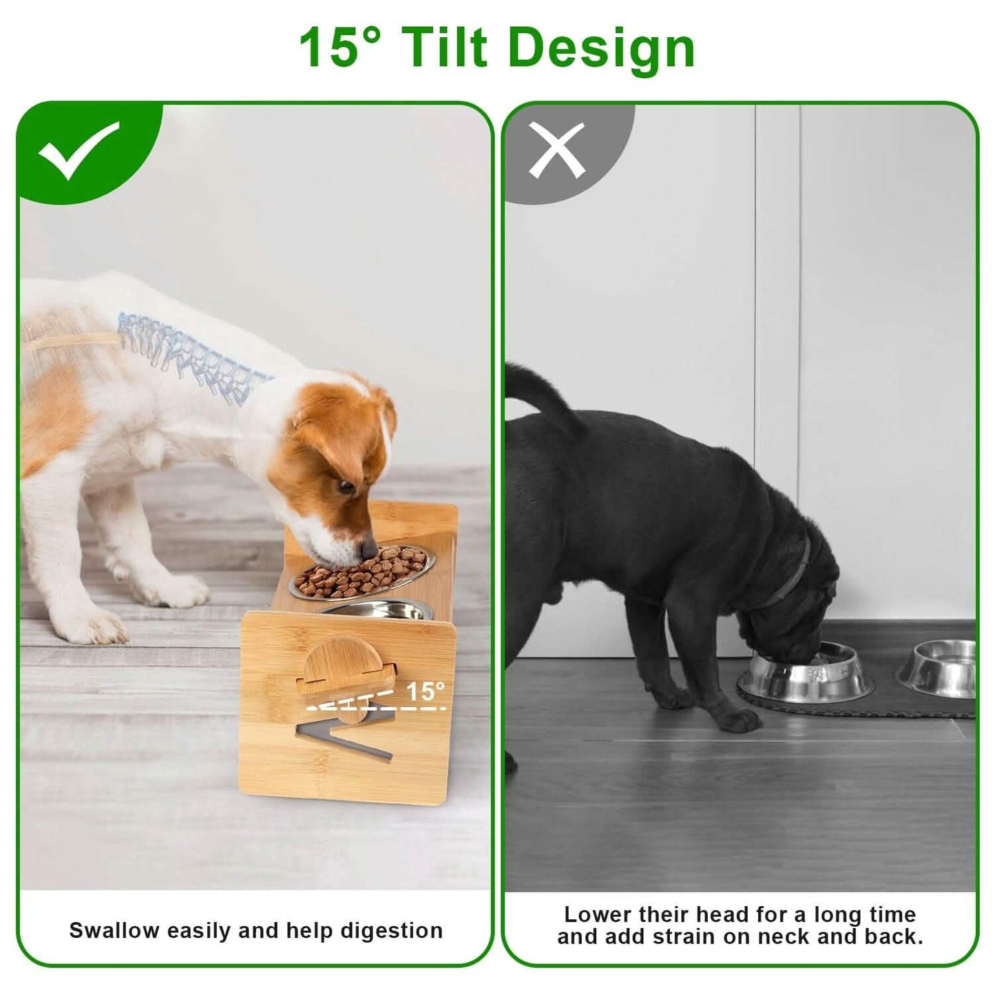 5°Tilt Bamboo Double Elevated Dog Bowls with 4 Adjustable Heights DailySale