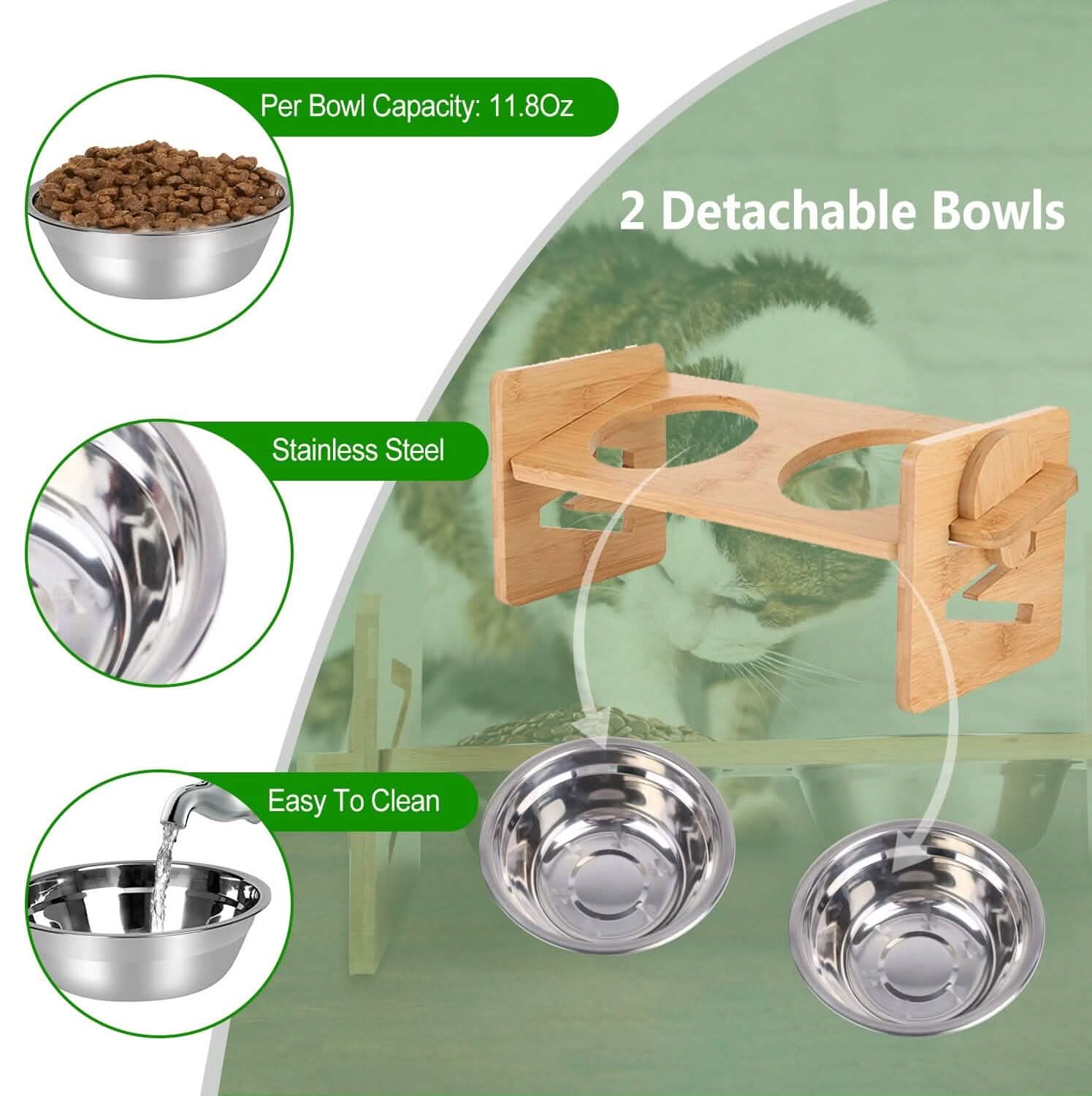 5°Tilt Bamboo Double Elevated Dog Bowls with 4 Adjustable Heights DailySale