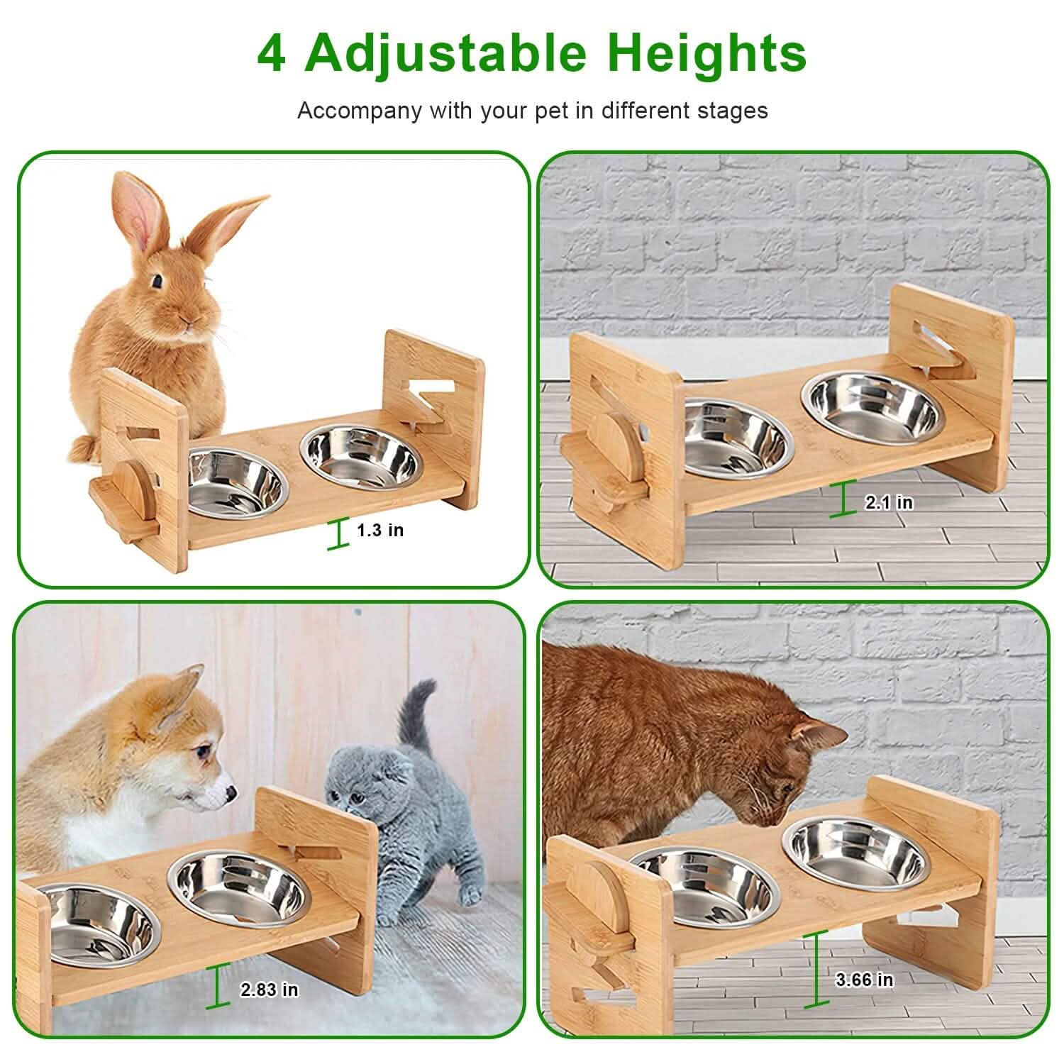 5°Tilt Bamboo Double Elevated Dog Bowls with 4 Adjustable Heights DailySale