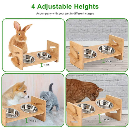 5°Tilt Bamboo Double Elevated Dog Bowls with 4 Adjustable Heights DailySale