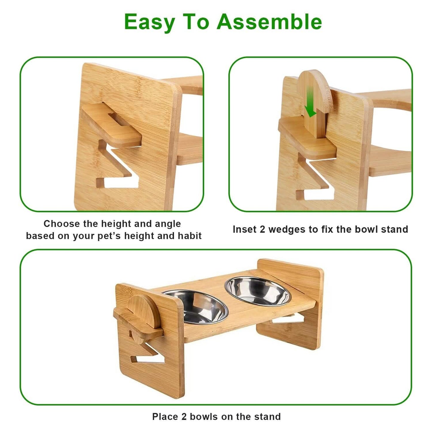 5°Tilt Bamboo Double Elevated Dog Bowls with 4 Adjustable Heights DailySale