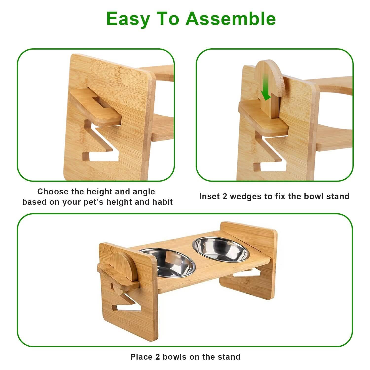 5°Tilt Bamboo Double Elevated Dog Bowls with 4 Adjustable Heights DailySale