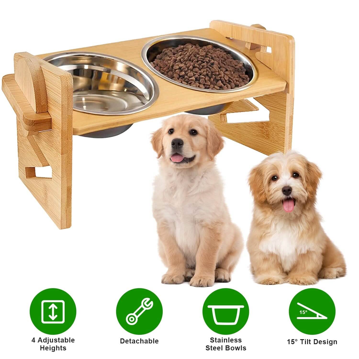 5°Tilt Bamboo Double Elevated Dog Bowls with 4 Adjustable Heights DailySale
