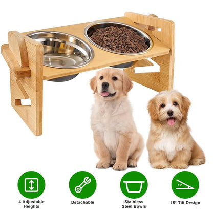 5°Tilt Bamboo Double Elevated Dog Bowls with 4 Adjustable Heights DailySale