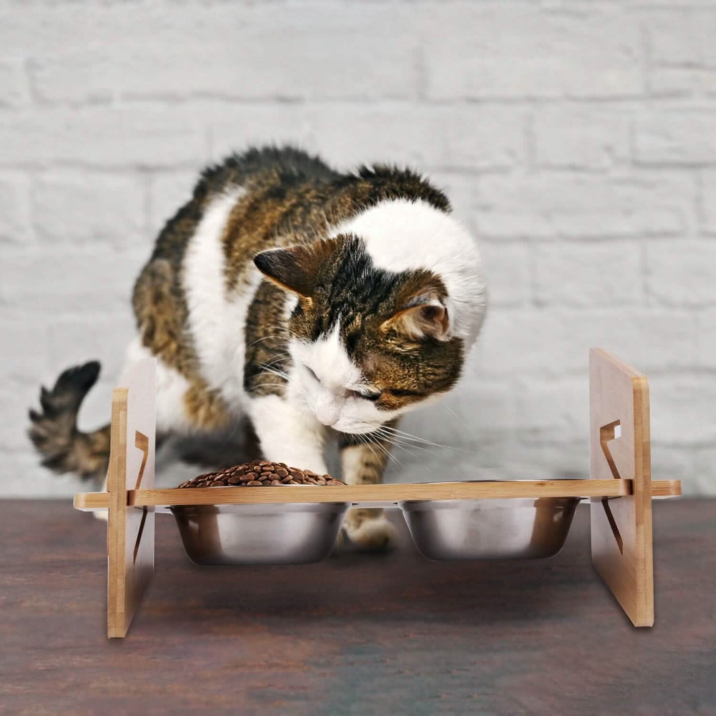 5°Tilt Bamboo Double Elevated Dog Bowls with 4 Adjustable Heights DailySale