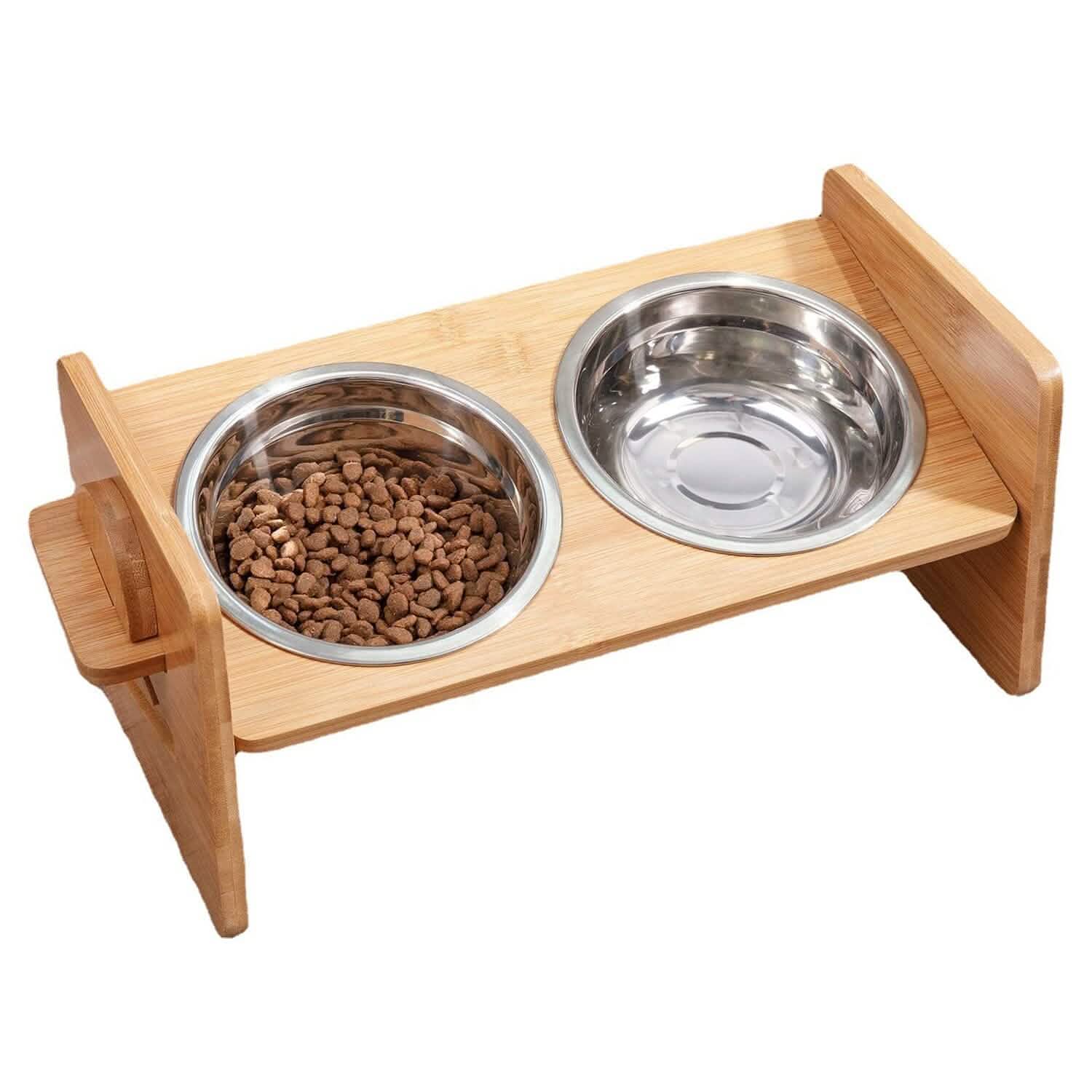 5°Tilt Bamboo Double Elevated Dog Bowls with 4 Adjustable Heights DailySale