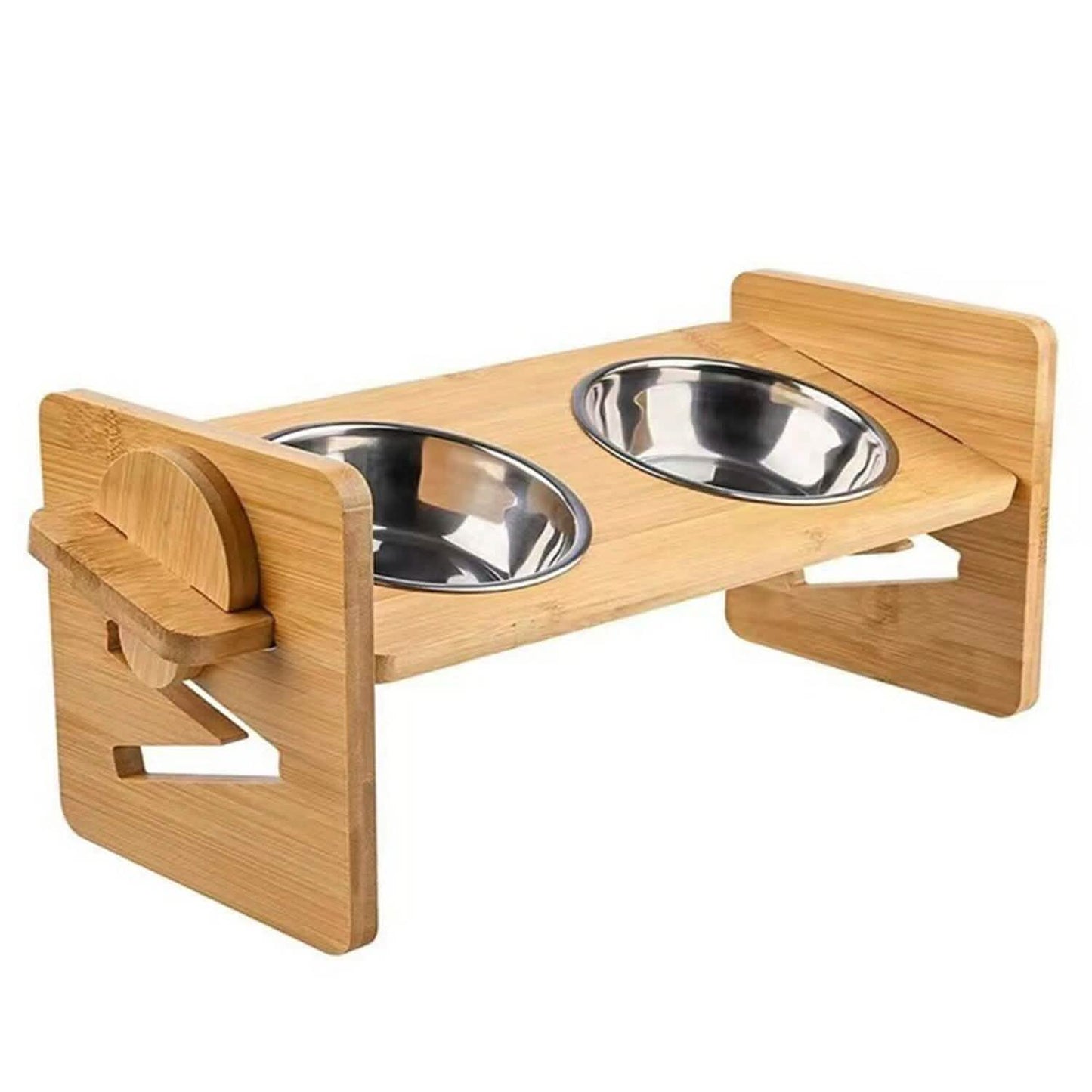 5°Tilt Bamboo Double Elevated Dog Bowls with 4 Adjustable Heights DailySale
