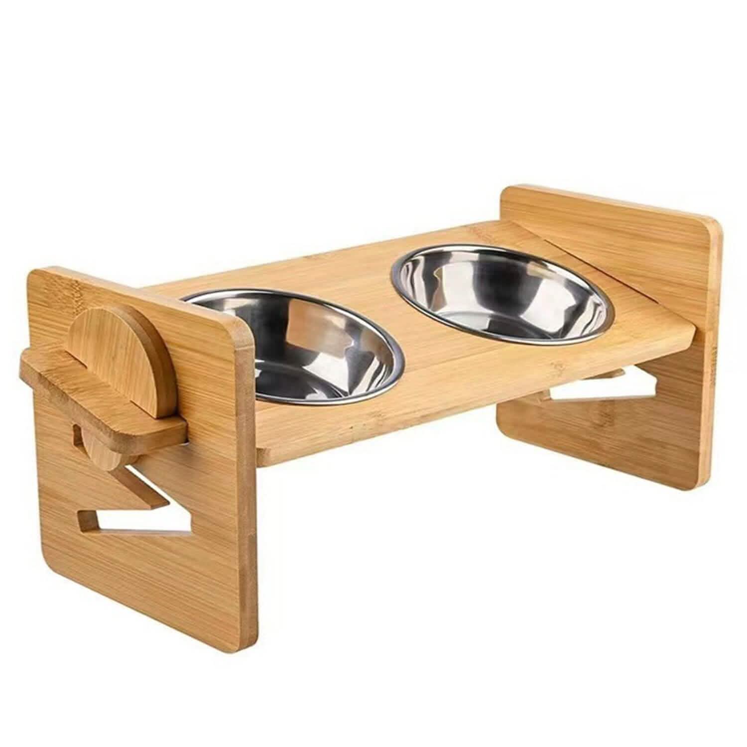 5°Tilt Bamboo Double Elevated Dog Bowls with 4 Adjustable Heights DailySale
