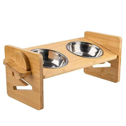 5°Tilt Bamboo Double Elevated Dog Bowls with 4 Adjustable Heights DailySale