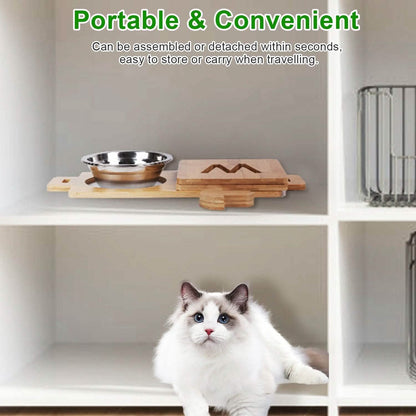 5°Tilt Bamboo Double Elevated Dog Bowls with 4 Adjustable Heights DailySale