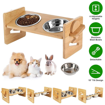 5°Tilt Bamboo Double Elevated Dog Bowls with 4 Adjustable Heights DailySale