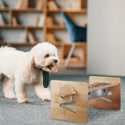 5°Tilt Bamboo Double Elevated Dog Bowls with 4 Adjustable Heights DailySale
