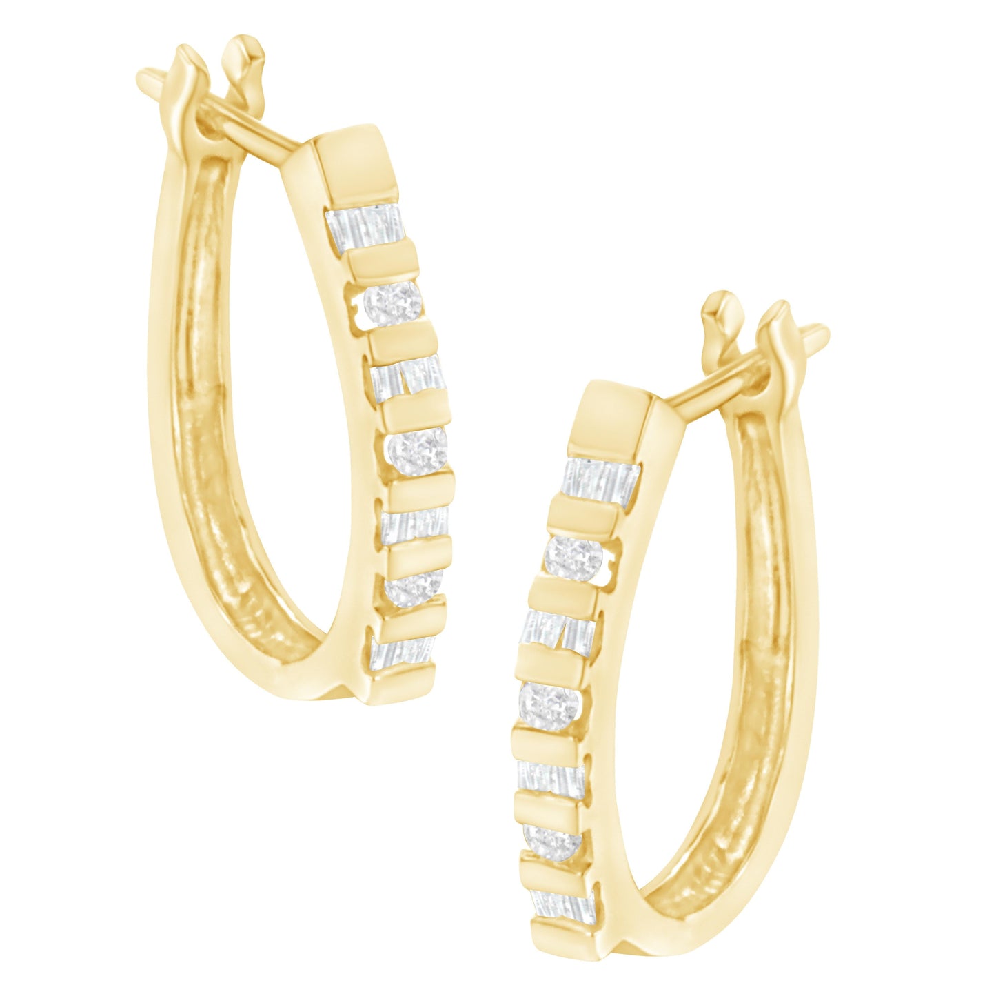 10K Yellow Gold Round and Baguette Cut Diamond Oblong Hinged Leverback Hoop Earrings (Â¼ Cttw, I-J Color, I2-I3 Clarity) Bids.com