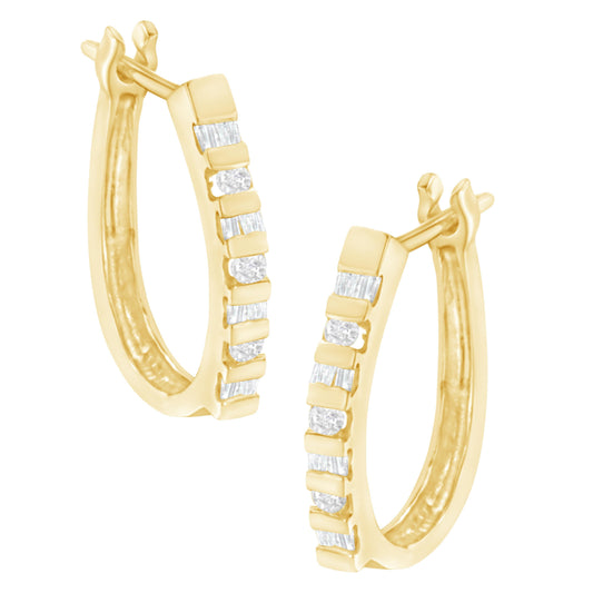 10K Yellow Gold Round and Baguette Cut Diamond Oblong Hinged Leverback Hoop Earrings (Â¼ Cttw, I-J Color, I2-I3 Clarity) Bids.com