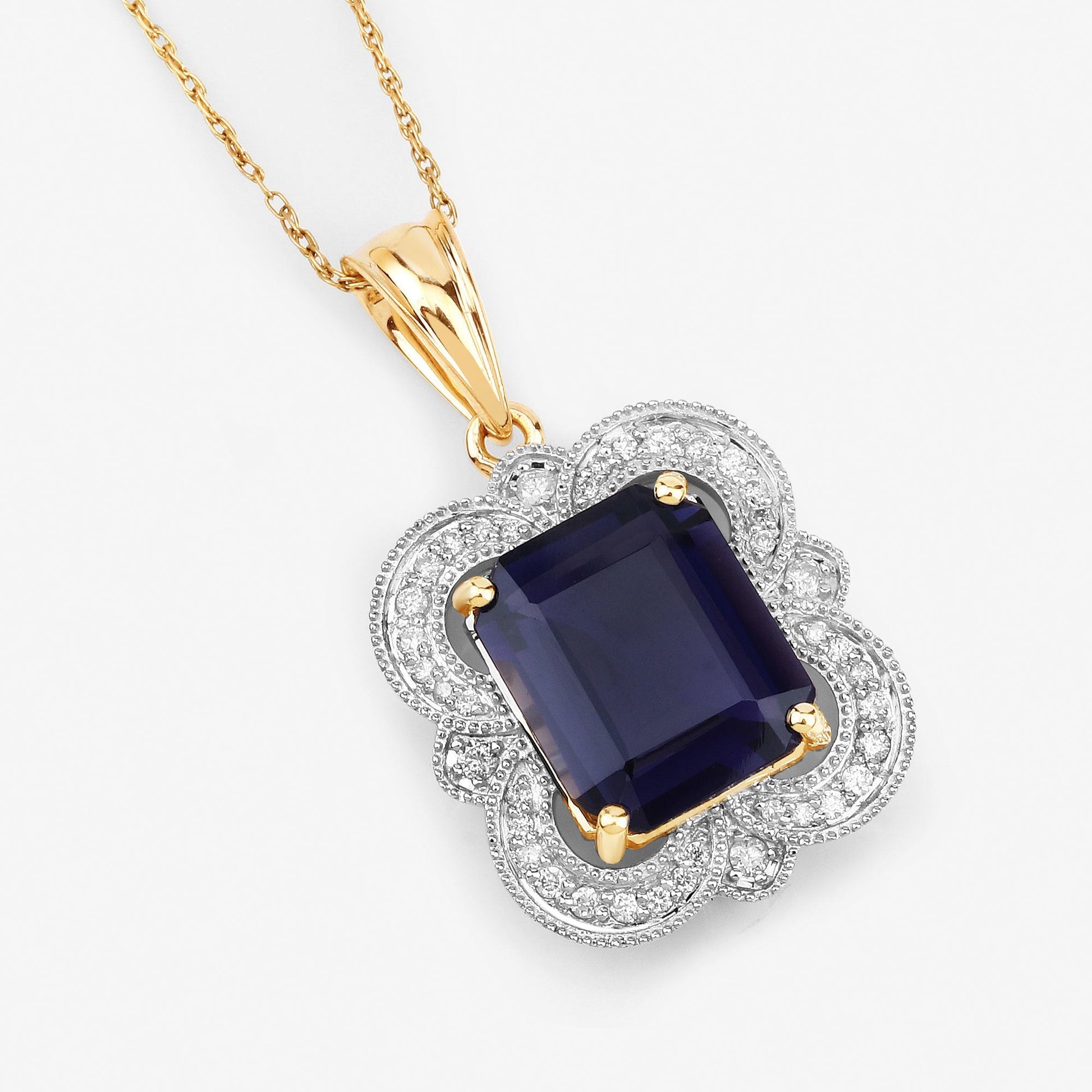 4.07 Carat Genuine Iolite and White Diamond 14K Yellow Gold Pendant Bids.com