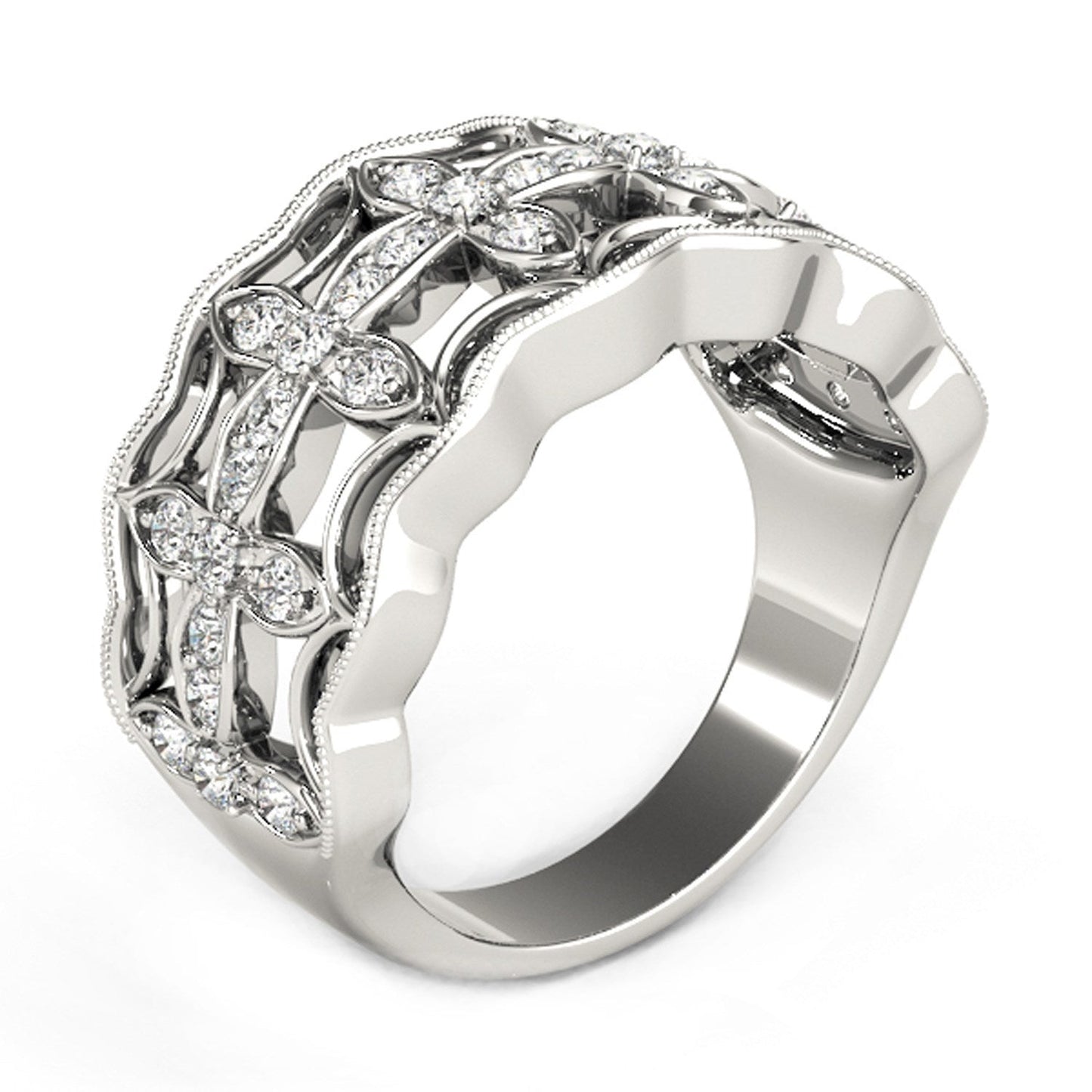 Diamond Studded Four Leaf Clover Motif Ring in 14k White Gold (1/4 cttw) Bids.com