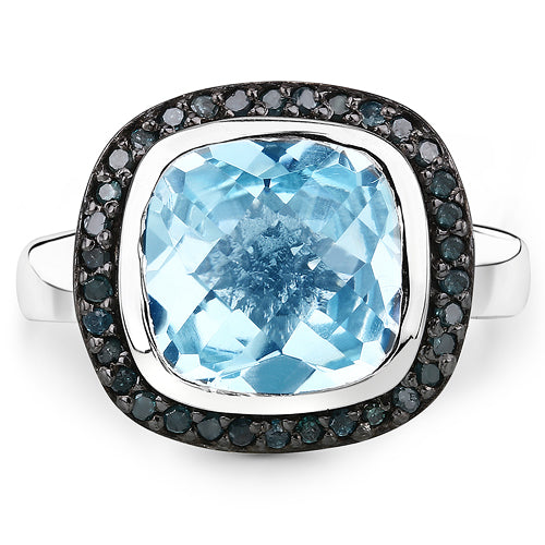 5.23 Carat Genuine Swiss Blue Topaz and Black Diamond .925 Sterling Silver Ring Bids.com