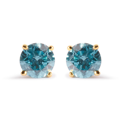 14K Yellow Gold 1.0 Cttw Treated Aqua Blue Diamond Classic Solitaire Stud Earrings (Aqua Blue Color, I2-I3 Clarity) Bids.com