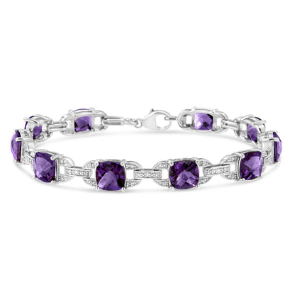 .925 Sterling Silver 7mm Cushion Cut Amethyst Gemstone and Diamond Tennis Link Bracelet (I-J Color, I1-I2 Clarity) - Size 7" Bids.com