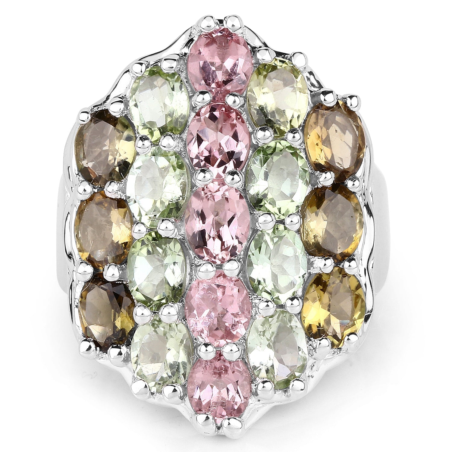 6.74 Carat Genuine Brown Tourmaline, Pink Tourmaline & Green Tourmaline .925 Sterling Silver Ring Bids.com