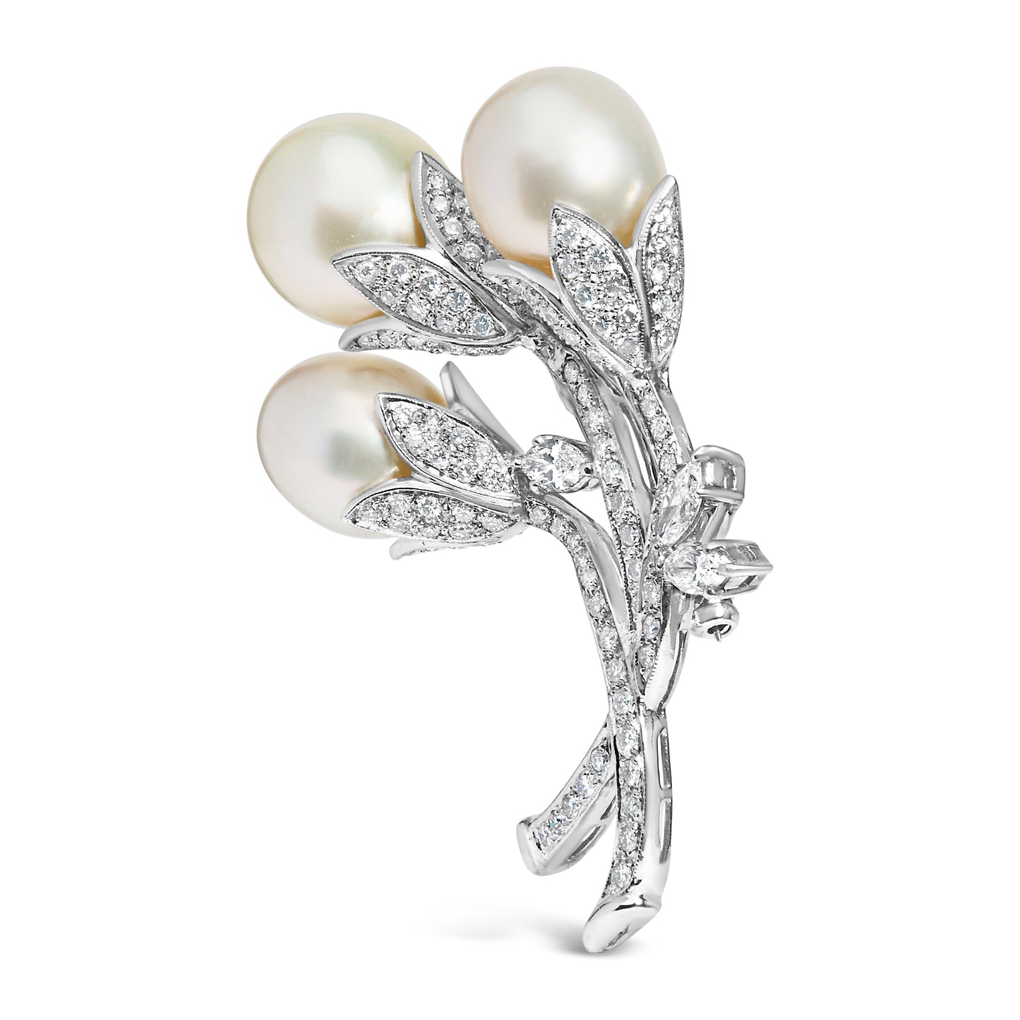 18K White Gold 2 1/5 Cttw Diamond and South Sea Pearl Floral Brooch Pin (G-H Color, VS1-VS2 Clarity) Bids.com