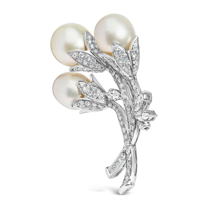 18K White Gold 2 1/5 Cttw Diamond and South Sea Pearl Floral Brooch Pin (G-H Color, VS1-VS2 Clarity) Bids.com