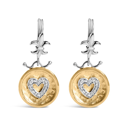 18K Yellow Gold Plated .925 Sterling Silver 1/8 Cttw Diamond Hammered Finished Medallion Heart Drop and Dangle Earrings (I-J Color, SI1-SI2 Clarity) Bids.com