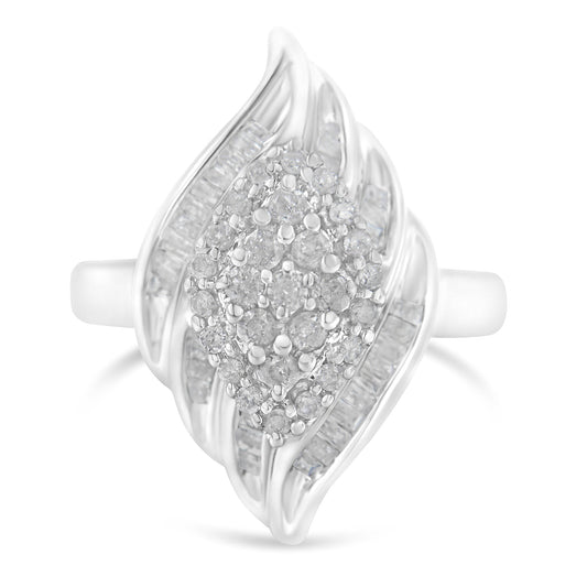 .925 Sterling Silver Â¾ Cttw Round and Baguette Cut Diamond Stair-Stepped Cluster Waterfall Cocktail Ring (I-J Color, I2-I3 Clarity) - Size 6 Bids.com
