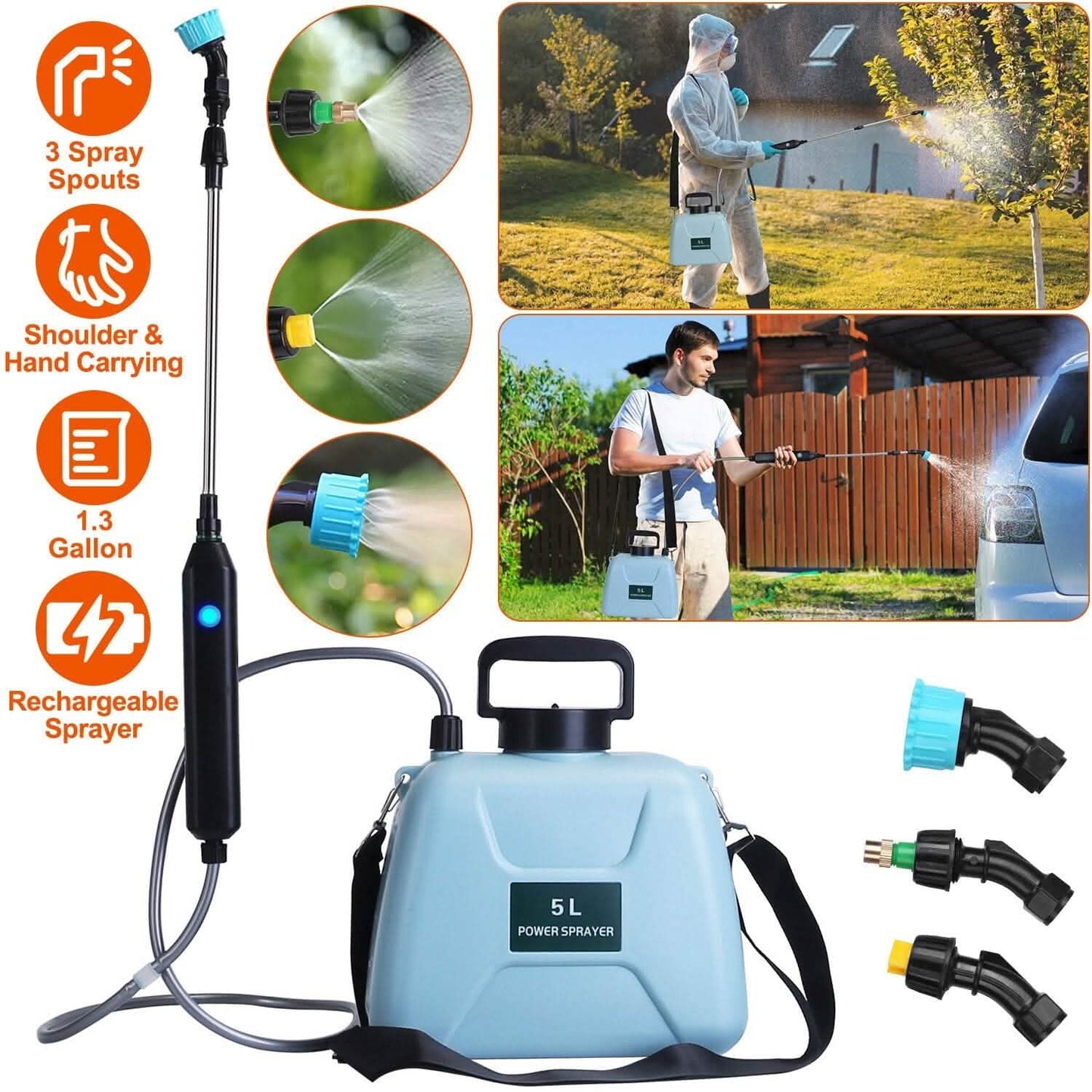 5L/1/3 Gallon Electric Plant Sprayer Telescopic Rechargeable with 3 Spray Sprouts DailySale