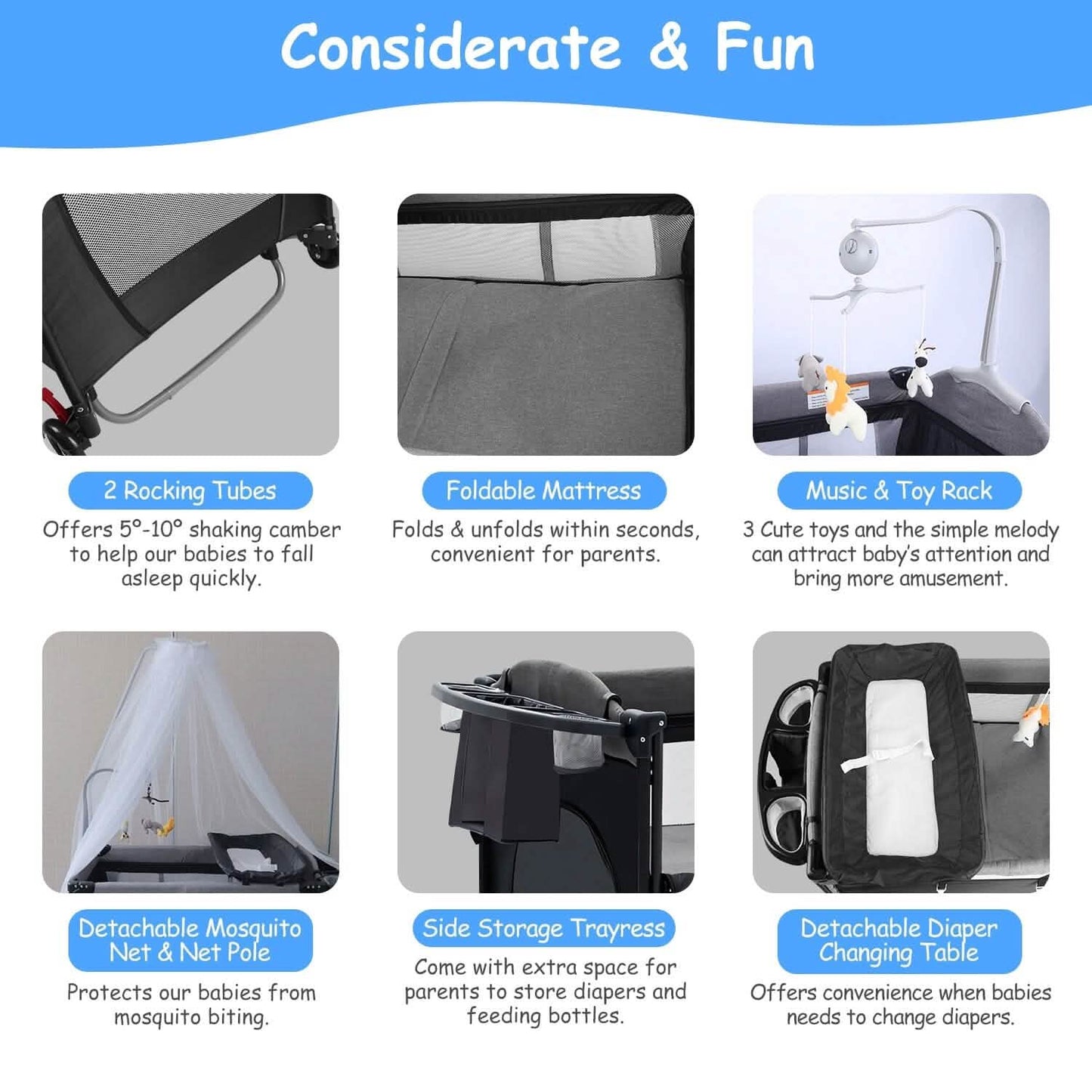 6-in-1 Foldable Baby Crib with Activity Center Diaper Changing Table DailySale