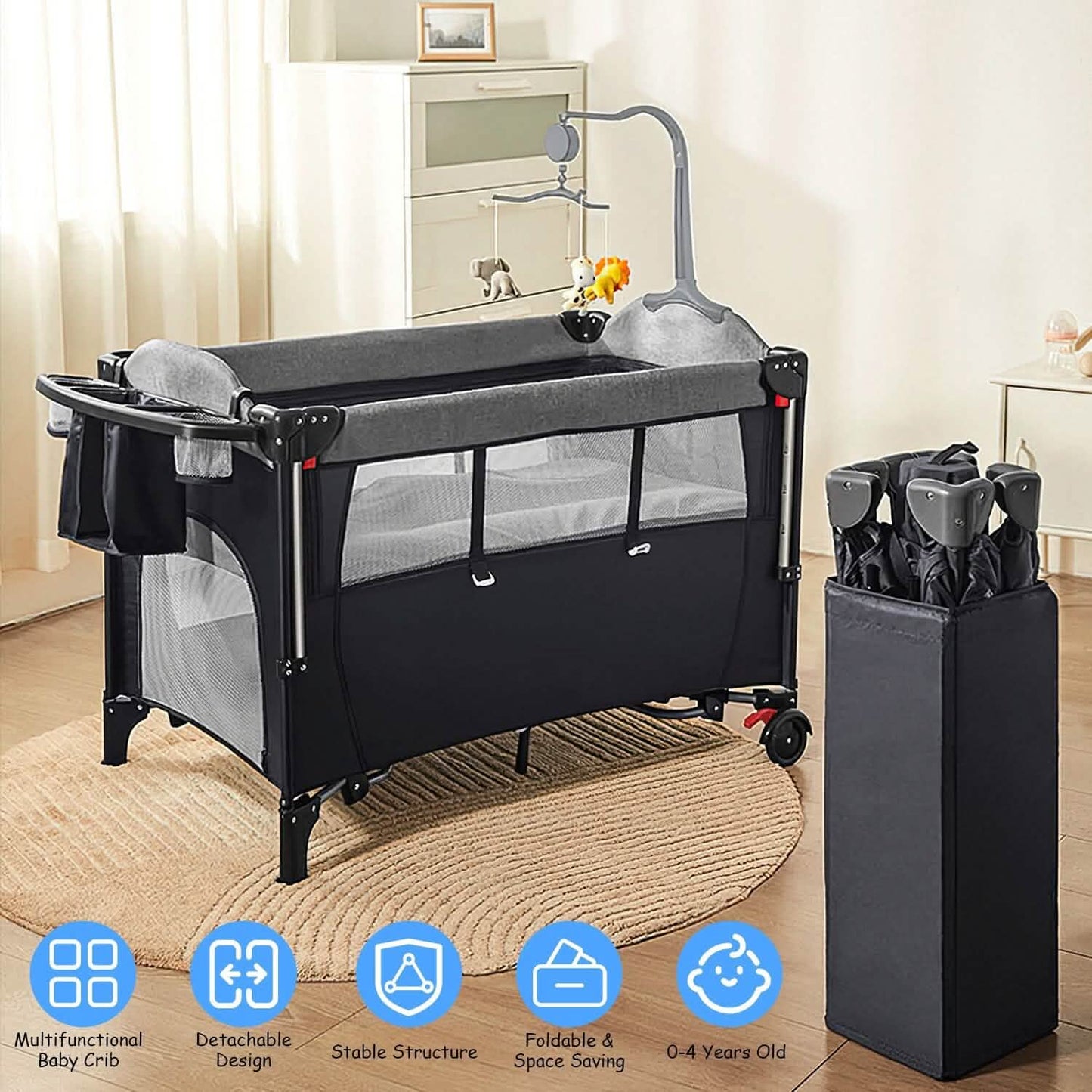 6-in-1 Foldable Baby Crib with Activity Center Diaper Changing Table DailySale