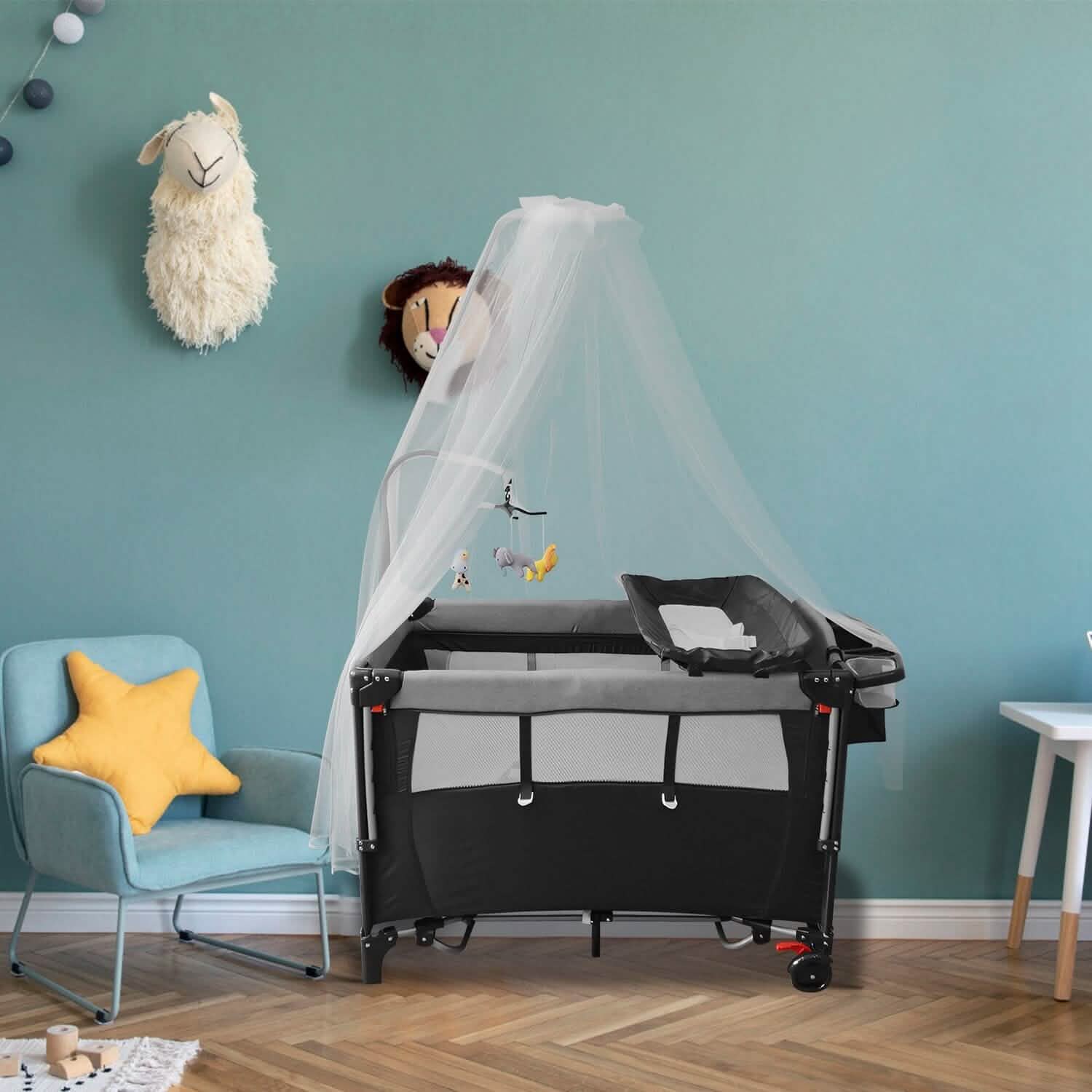 6-in-1 Foldable Baby Crib with Activity Center Diaper Changing Table DailySale