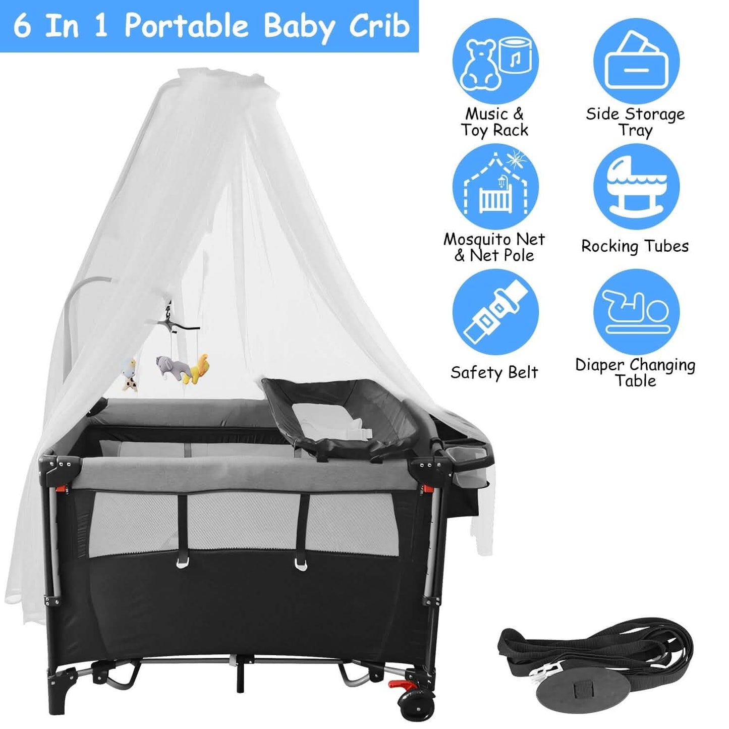 6-in-1 Foldable Baby Crib with Activity Center Diaper Changing Table DailySale