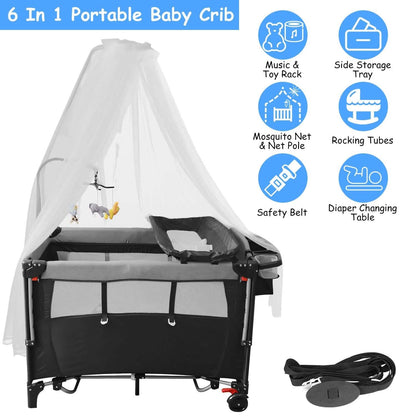6-in-1 Foldable Baby Crib with Activity Center Diaper Changing Table DailySale