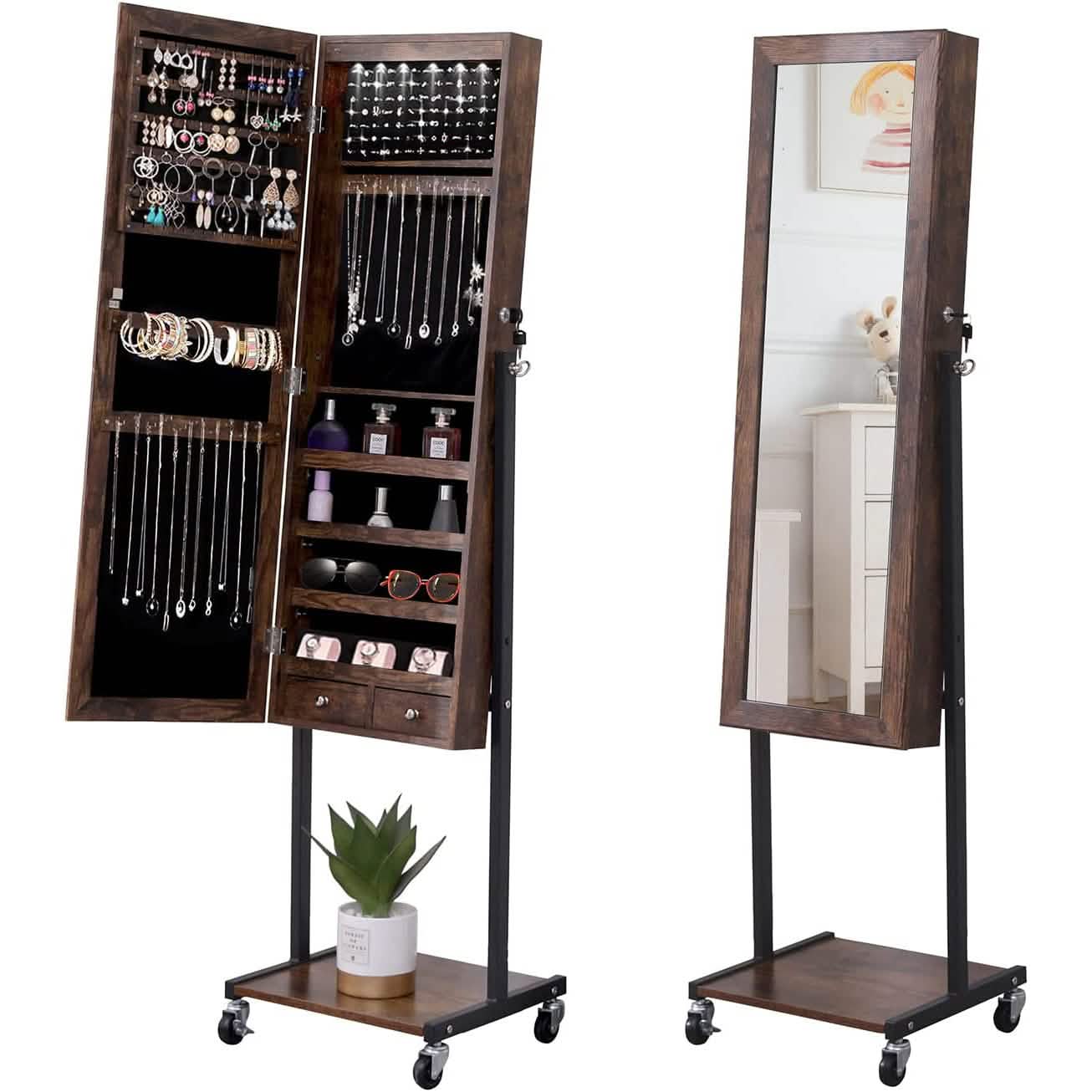 6 LEDs Mirror Jewelry Cabinet Armoire with Wheels DailySale