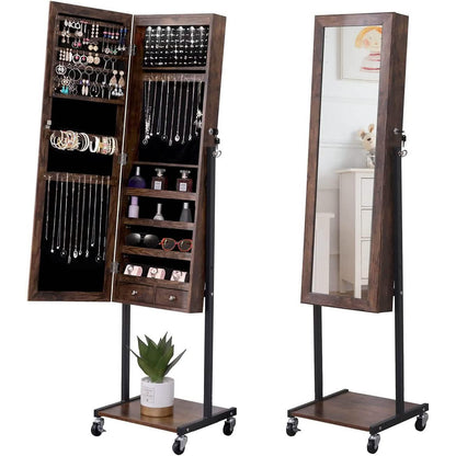 6 LEDs Mirror Jewelry Cabinet Armoire with Wheels DailySale