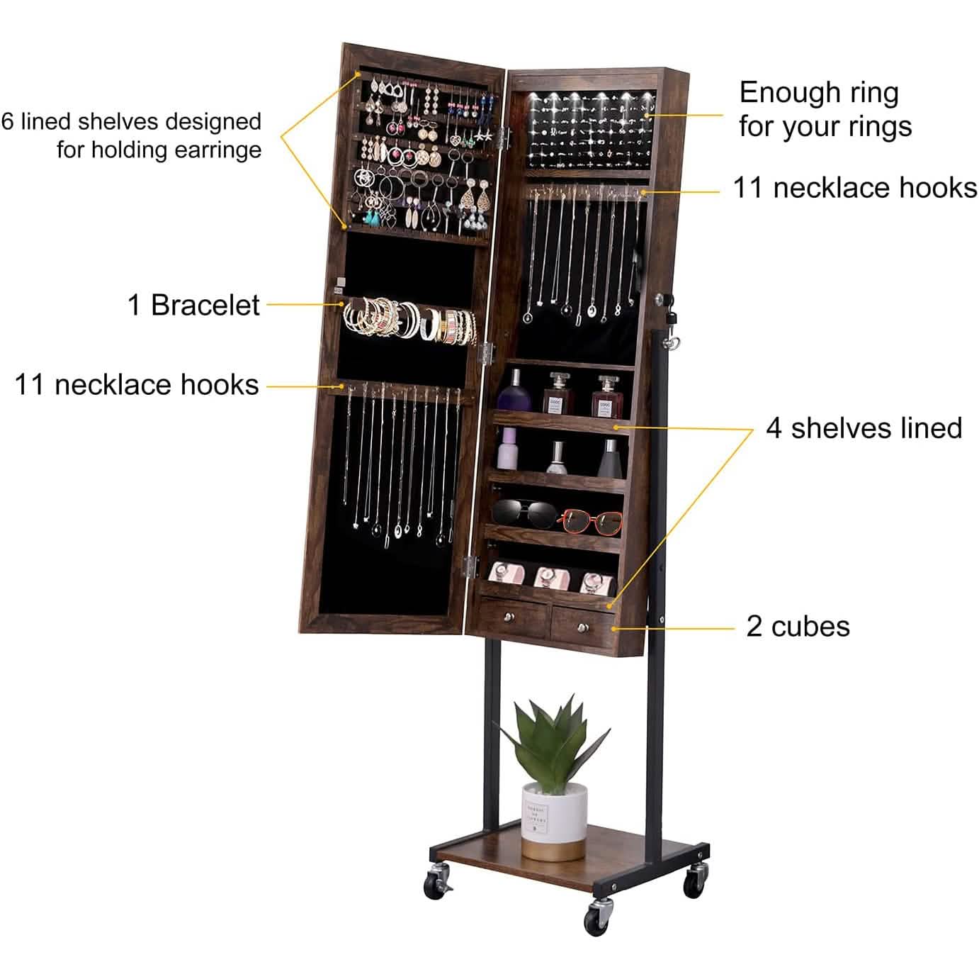 6 LEDs Mirror Jewelry Cabinet Armoire with Wheels DailySale