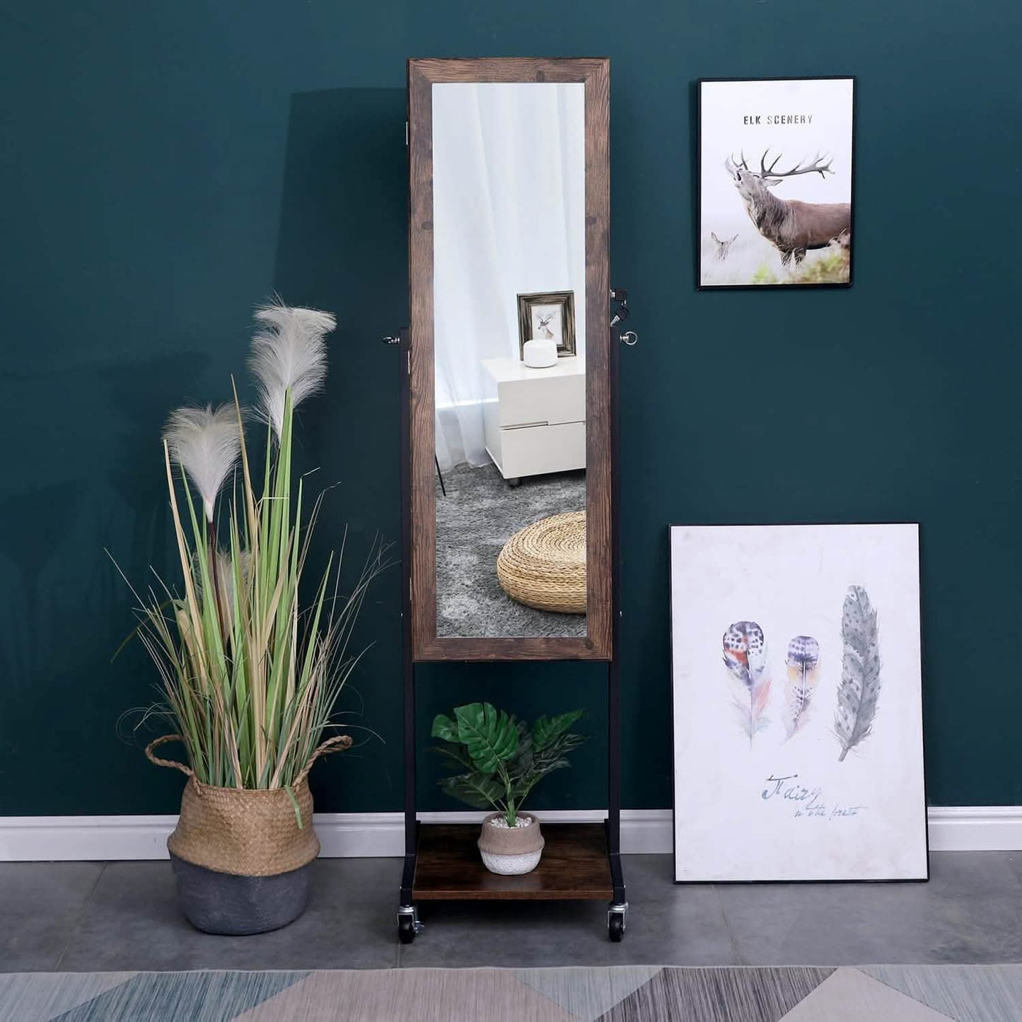 6 LEDs Mirror Jewelry Cabinet Armoire with Wheels DailySale